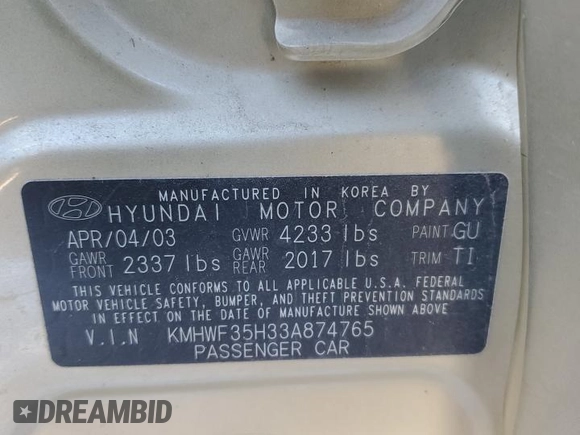 2003 Hyundai Sonata GLS with VIN KMHWF35H33A874765, listed as a Copart auction lot 43804495 with 168,242 mi miles and Salvage Title. Bid and sale history available at carsss.com. Image 14.