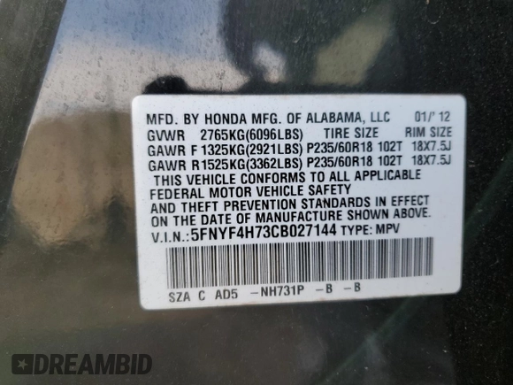 2012 Honda Pilot EX-L with VIN 5FNYF4H73CB027144, listed as a Copart auction lot 50117635 with 148,236 mi miles and Clean Title. Bid and sale history available at DreamBid. Image 13.