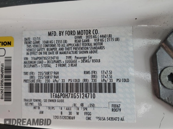 2016 Ford Fusion SE with VIN 1FA6P0H7XG5124710, listed as a Copart auction lot 86549014 with 82,614 mi miles and Salvage Title. Bid and sale history available at carsss.com. Image 15.