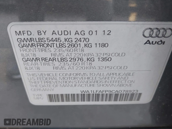 2012 Audi Q5 Premium Plus z VIN WA1LFAFP9CA078923, wystawiony jako IAAI lot #42420085 z przebiegiem 103 993 mil mil oraz . Historia ofert i sprzedaży dostępna na DreamBid. Obrazek 9.