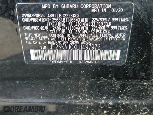 2020 Subaru Forester Premium with VIN JF2SKAJCXLH497972, listed as a Copart auction lot 52358375 with 57,855 mi miles and Non repairable. Bid and sale history available at DreamBid. Image 14.