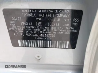 2022 Hyundai Accent SE with VIN 3KPC24A67NE167746, listed as a IAAI auction lot 42054225 with 25,883 mi miles and . Bid and sale history available at carsss.com. Image 9.
