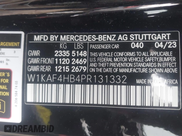2023 Mercedes-Benz C 300 with VIN W1KAF4HB4PR131332, listed as a IAAI auction lot 41099371 with 20,645 mi miles and . Bid and sale history available at DreamBid. Image 9.