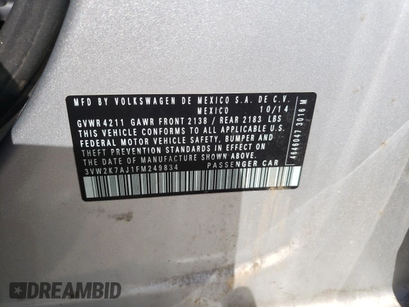 2015 Volkswagen Jetta S with VIN 3VW2K7AJ1FM249834, listed as a Copart auction lot 61778645 with 183,171 mi miles and Clean title. Bid and sale history available at DreamBid. Image 12.