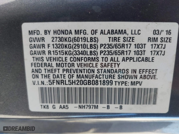 2016 Honda Odyssey LX with VIN 5FNRL5H20GB081899, listed as a IAAI auction lot 41867107 with 139,476 mi miles. Bid and sale history available at carsss.com. Image 9.