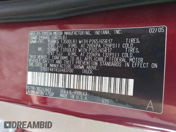 2005 Toyota Tundra Limited with VIN 5TBDT48145S483700, listed as a IAAI auction lot 42266915 with 205,150 mi miles and . Bid and sale history available at DreamBid. Image 9.