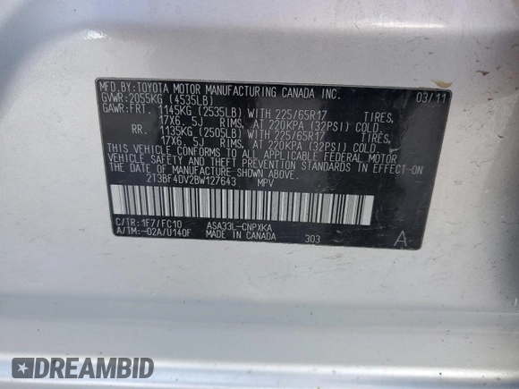 2011 Toyota RAV4 with VIN 2T3BF4DV2BW127643, listed as a Copart auction lot 50377235 with 142,085 mi miles and Salvage Title. Bid and sale history available at DreamBid. Image 15.