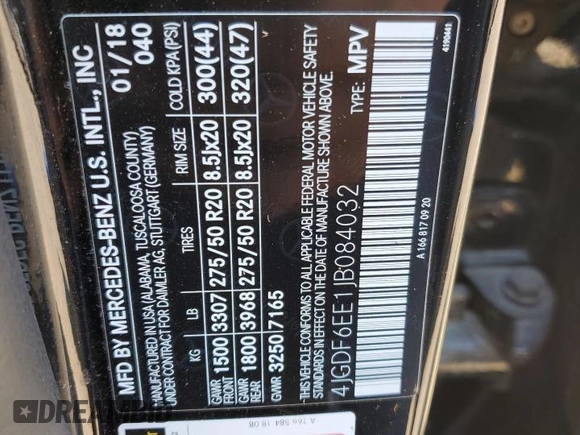 2018 Mercedes-Benz GLS with VIN 4JGDF6EE1JB084032, listed as a Copart auction lot 68464143 with 99,904 mi miles. Bid and sale history available at carsss.com. Image 13.