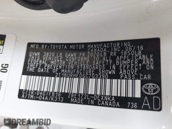 2016 Toyota Corolla L with VIN 2T1BURHE0GC703390, listed as a IAAI auction lot 42266907 with 114,983 mi miles and . Bid and sale history available at DreamBid. Image 9.