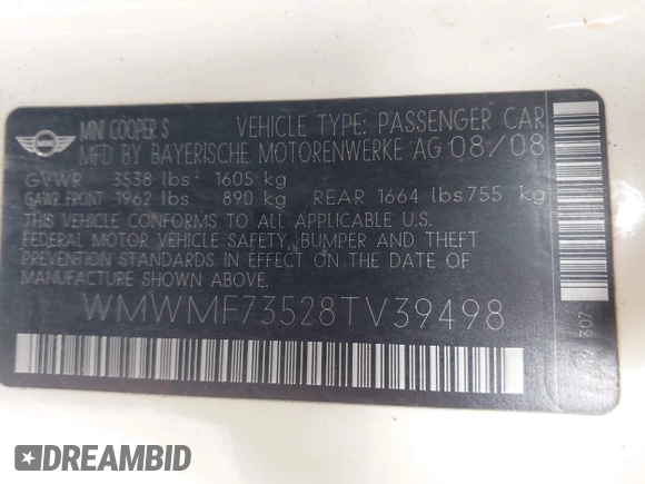2008 MINI Hardtop S z VIN WMWMF73528TV39498, wystawiony jako IAAI lot #42308127 z przebiegiem 140 500 mil mil oraz . Historia ofert i sprzedaży dostępna na DreamBid. Obrazek 9.