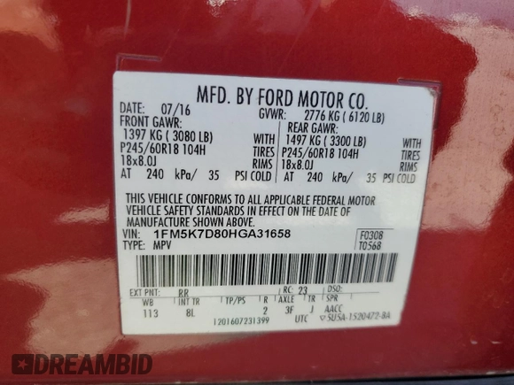 2017 Ford Explorer XLT with VIN 1FM5K7D80HGA31658, listed as a Copart auction lot 62325715 with 108,937 mi miles and Salvage title. Bid and sale history available at DreamBid. Image 13.