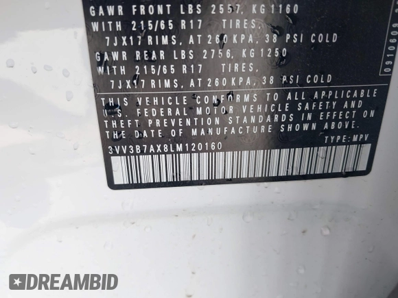 2020 Volkswagen Tiguan SE z VIN 3VV3B7AX8LM120160, wystawiony jako IAAI lot #42316791 z przebiegiem 38 702 mil mil oraz . Historia ofert i sprzedaży dostępna na DreamBid. Obrazek 9.