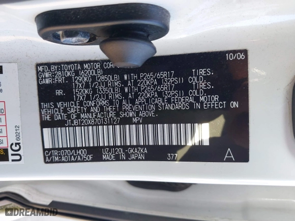 2007 Lexus GX 470 with VIN JTJBT20X870131127, listed as a IAAI auction lot 42111172 with 203,780 mi miles. Bid and sale history available at carsss.com. Image 9.