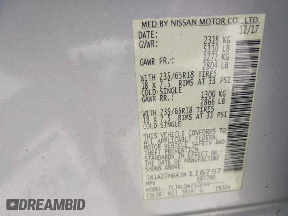 2018 Nissan Murano S z VIN 5N1AZ2MG4JN116797, wystawiony jako IAAI lot #42107119 z przebiegiem 125 944 mil mil oraz . Historia ofert i sprzedaży dostępna na DreamBid. Obrazek 9.