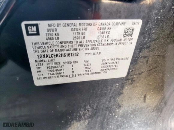 2017 Chevrolet Equinox LT with VIN 2GNALCEK2H6161242, listed as a Copart auction lot 50255795 with 112,059 mi miles and Salvage Title. Bid and sale history available at carsss.com. Image 16.