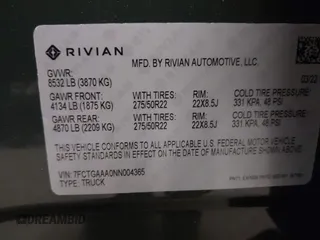 2022 Rivian R1T Adventure Package with VIN 7FCTGAAA0NN004365, listed as a IAAI auction lot 41534730 with 1 mi miles. Bid and sale history available at carsss.com. Image 9.