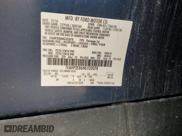 2017 Ford Taurus SEL with VIN 1FAHP2E86HG102078, listed as a Copart auction lot 52419655 with 90,771 mi miles and Salvage Title. Bid and sale history available at DreamBid. Image 12.