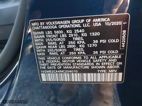 2021 Volkswagen Atlas Cross Sport 3.6L V6 SE w/Technology with VIN 1V2WE2CA4MC204010, listed as a IAAI auction lot 41252081 with 41,106 mi miles. Bid and sale history available at carsss.com. Image 9.