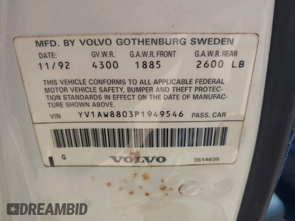 1993 Volvo 240 with VIN YV1AW8803P1949546, listed as a IAAI auction lot 42411136 with 225,859 mi miles and . Bid and sale history available at DreamBid. Image 9.