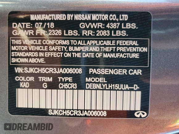 2018 Infiniti QX30 Premium with VIN SJKCH5CR3JA006008, listed as a Copart auction lot 43291864 with 50,174 mi miles. Bid and sale history available at carsss.com. Image 12.