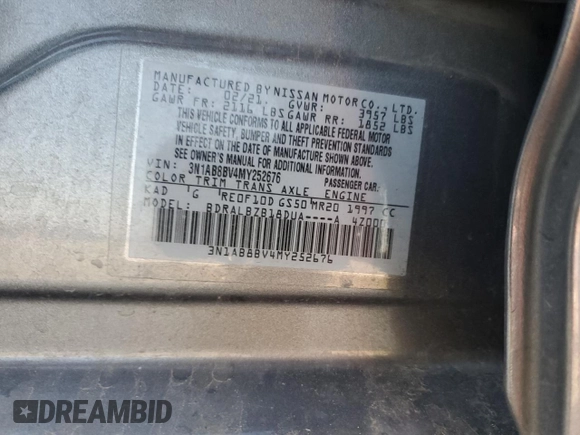 2021 Nissan Sentra S with VIN 3N1AB8BV4MY252676, listed as a Copart auction lot 51957735 with 91,864 mi miles and Salvage Title. Bid and sale history available at DreamBid. Image 12.