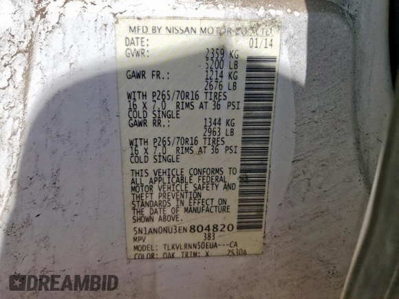 2014 Nissan Xterra S z VIN 5N1AN0NU3EN804820, wystawiony jako Copart lot #57591405 z przebiegiem 154 218 mil mil oraz Szkoda całkowita • Salvage title. Historia ofert i sprzedaży dostępna na DreamBid. Obrazek 13.