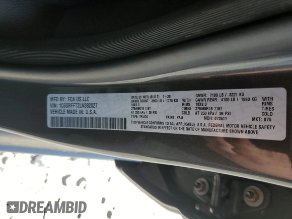 2020 Ram 1500 Big Horn with VIN 1C6SRFFT2LN392027, listed as a Copart auction lot 52883145 with 80,669 mi miles and Clean Title. Bid and sale history available at carsss.com. Image 12.