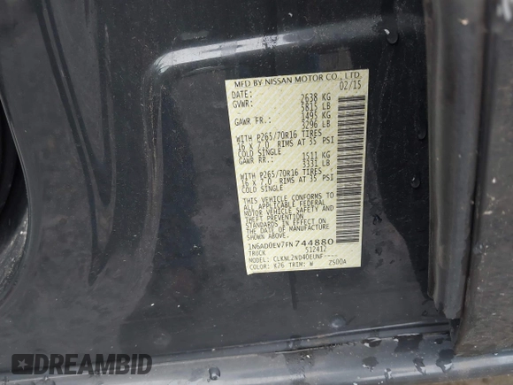 2015 Nissan Frontier Pro-4X with VIN 1N6AD0EV7FN744880, listed as a IAAI auction lot 42357941 with 88,105 mi miles and . Bid and sale history available at DreamBid. Image 9.