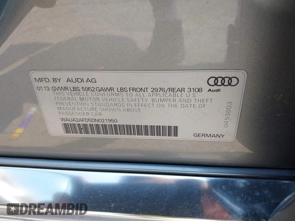 2013 Audi A8 4.0L with VIN WAUA2AFD5DN021950, listed as a IAAI auction lot 42472512 with 126,964 mi miles and . Bid and sale history available at DreamBid. Image 9.