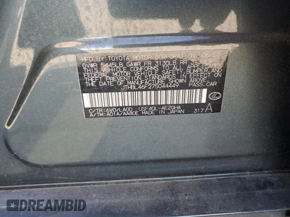 2007 Lexus LS 460 с VIN JTHBL46F275044449, выставлен на аукционе Copart как лот 59719565 с пробегом 127 836 миль миль и Списание • Salvage title. История ставок и продаж доступна на DreamBid. Изображение 12.
