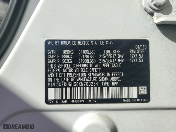 2019 Honda HR-V LX with VIN 3CZRU6H38KM709234, listed as a Copart auction lot 48013165 with 81,551 mi miles and Salvage Title. Bid and sale history available at carsss.com. Image 15.