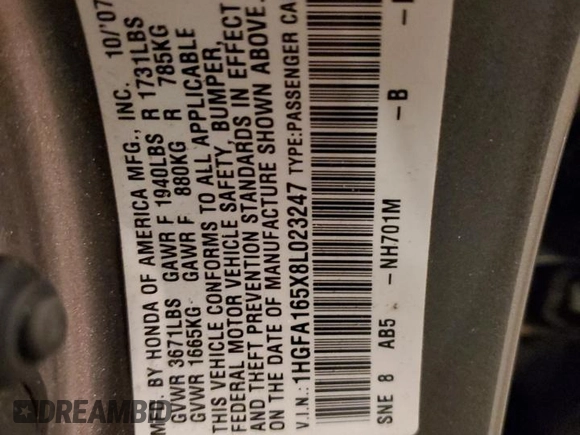 2008 Honda Civic LX with VIN 1HGFA165X8L023247, listed as a Copart auction lot 84941494 with 109,273 mi miles and Salvage Title. Bid and sale history available at DreamBid. Image 12.