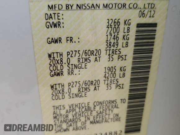 2012 Nissan Titan SV with VIN 1N6BA0EC5CN324882, listed as a Copart auction lot 62551995 with 189,385 mi miles and Salvage title. Bid and sale history available at DreamBid. Image 13.