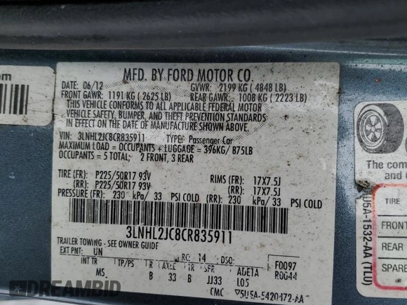 2012 Lincoln MKZ with VIN 3LNHL2JC8CR835911, listed as a Copart auction lot 45378935 with 0 mi miles and Clean Title. Bid and sale history available at carsss.com. Image 13.