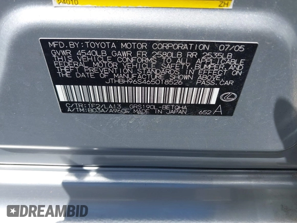 2006 Lexus GS 300 with VIN JTHBH96S465018526, listed as a IAAI auction lot 41859252 with 246,142 mi miles and . Bid and sale history available at DreamBid. Image 9.
