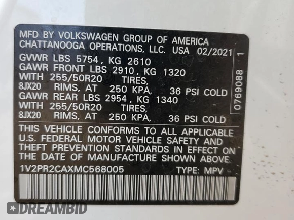 2021 Volkswagen Atlas SE with VIN 1V2PR2CAXMC568005, listed as a Copart auction lot 43013455 with 58,736 mi miles and Salvage title. Bid and sale history available at DreamBid. Image 16.