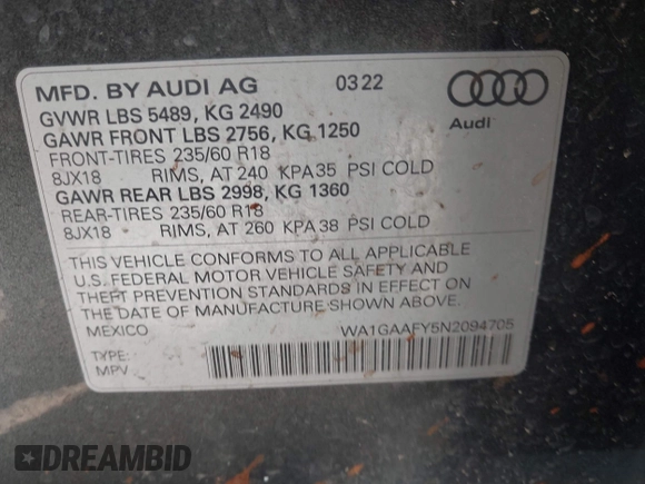 2022 Audi Q5 S line Premium with VIN WA1GAAFY5N2094705, listed as a IAAI auction lot 41175322 with 53,969 mi miles and . Bid and sale history available at DreamBid. Image 9.