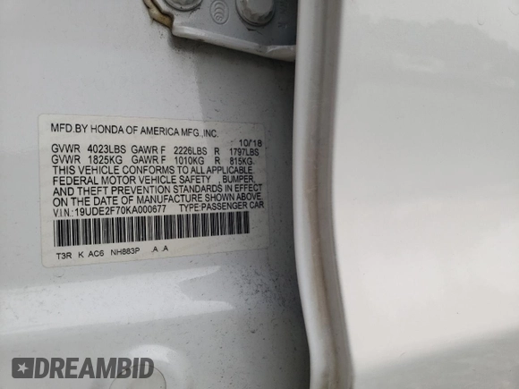 2019 Acura ILX Premium with VIN 19UDE2F70KA000677, listed as a Copart auction lot 60245413 with 69,613 mi miles and . Bid and sale history available at DreamBid. Image 12.