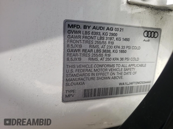 2021 Audi Q7 Premium Plus with VIN WA1LJAF72MD034440, listed as a Copart auction lot 58164365 with Not provided miles and Salvage title. Bid and sale history available at DreamBid. Image 13.
