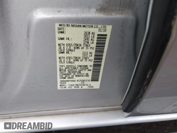 2010 Nissan Frontier SE with VIN 1N6AD0FVXAC420020, listed as a Copart auction lot 87324794 with 145,566 mi miles and Salvage title. Bid and sale history available at DreamBid. Image 12.