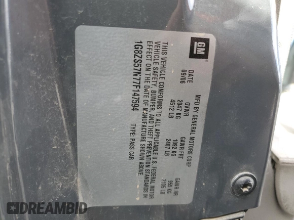 2007 Saturn Aura XE with VIN 1G8ZS57N77F147594, listed as a Copart auction lot 43266135 with 166,865 mi miles and Salvage Title. Bid and sale history available at DreamBid. Image 12.