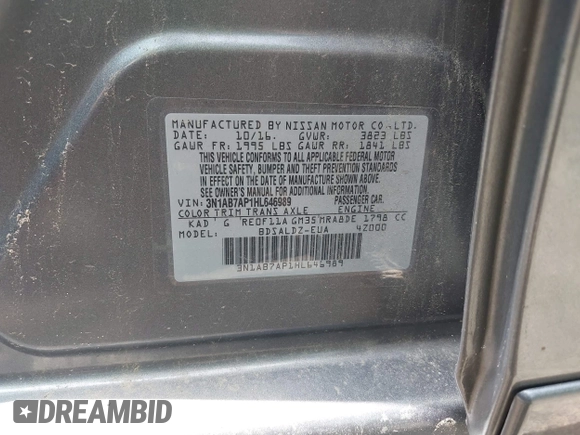 2017 Nissan Sentra SR с VIN 3N1AB7AP1HL646989, выставлен на аукционе IAAI как лот 42458735 с пробегом 183 615 миль миль и . История ставок и продаж доступна на DreamBid. Изображение 9.