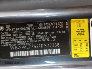 2007 BMW 3 Series 335i z VIN WBAWL73527PX47258, wystawiony jako Copart lot #57913465 z przebiegiem 122 592 mil mil oraz Szkoda całkowita • Salvage title. Historia ofert i sprzedaży dostępna na DreamBid. Obrazek 12.