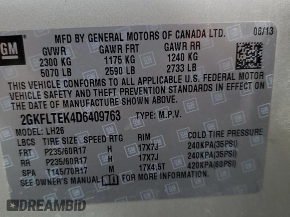 2013 GMC Terrain SLE with VIN 2GKFLTEK4D6409763, listed as a Copart auction lot 61843465 with 106,521 mi miles and Clean title. Bid and sale history available at DreamBid. Image 13.