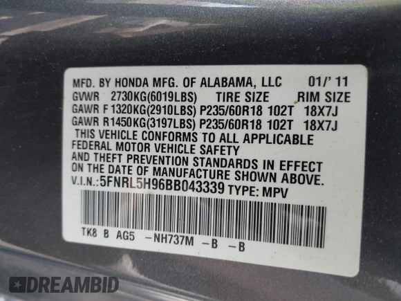2011 Honda Odyssey Touring Elite with VIN 5FNRL5H96BB043339, listed as a IAAI auction lot 42174767 with 161,233 mi miles and . Bid and sale history available at DreamBid. Image 9.