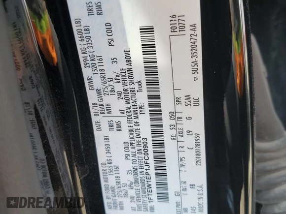 2018 Ford F-150 XL with VIN 1FTEW1EP1JFC00903, listed as a Copart auction lot 68488784 with 83,643 mi miles and Salvage Title. Bid and sale history available at DreamBid. Image 14.