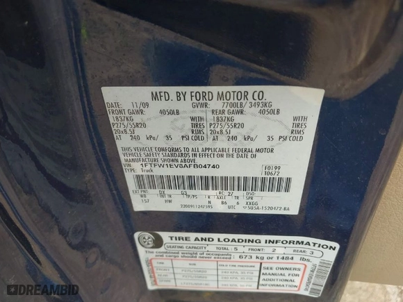 2010 Ford F-150 XL with VIN 1FTFW1EV8AFB04740, listed as a IAAI auction lot 41952152 with 225,941 mi miles. Bid and sale history available at carsss.com. Image 9.