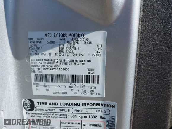 2009 Ford F-150 XL with VIN 1FTRW14879FA88633, listed as a IAAI auction lot 41904342 with 233,232 mi miles. Bid and sale history available at carsss.com. Image 9.