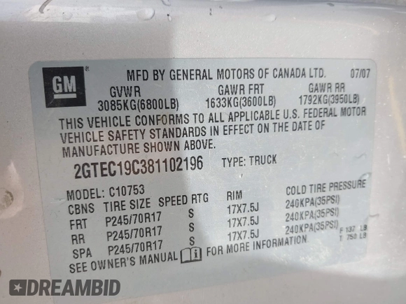 2008 GMC Sierra 1500 Work Truck z VIN 2GTEC19C381102196, wystawiony jako IAAI lot #42212449 z przebiegiem 213 361 mil mil oraz . Historia ofert i sprzedaży dostępna na DreamBid. Obrazek 9.