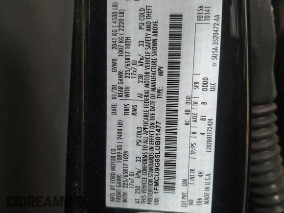 2020 Ford Escape SE z VIN 1FMCU9G65LUB01477, wystawiony jako Copart lot #55792915 z przebiegiem 82 965 mil mil oraz Szkoda całkowita • Salvage title. Historia ofert i sprzedaży dostępna na DreamBid. Obrazek 13.